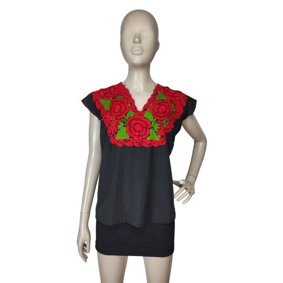 Vintage 60s/70s Traditional Mexican Oaxacan Hand Embroidered Rose Peasant Blouse - Picture 6 of 6